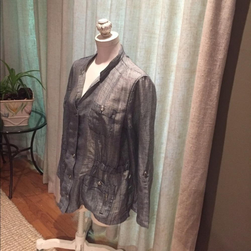 Chico’s linen jacket with patch pockets shimmery navy & silver 14